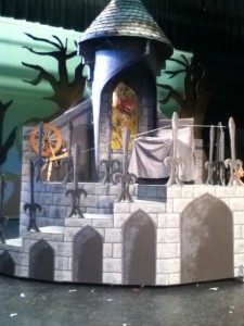 This is the castle tower in which Briar Rose met her fate with the spinning wheel. On the other side is Malicia's tower. Many of the set pieces were built by parent volunteers.
