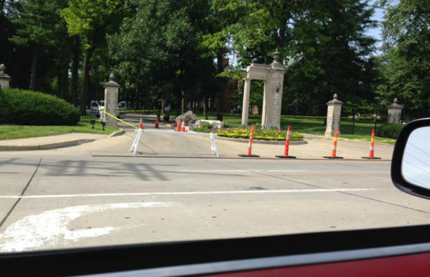 The remains of the Lindenwood University monument can be seen lying on the ground of the Kingshighway entrance.