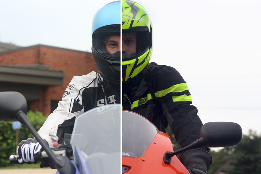 Ryan Hale and Luke Floyd pose on their bikes in front of the school. Hale rides a 2009 Yamaha fz6r while Floyd rides a Ninja 500r. “It’s hard to explain to someone who doesn’t ride but there is nothing that makes you feel more independent and one on one with your surroundings,” Hale said.