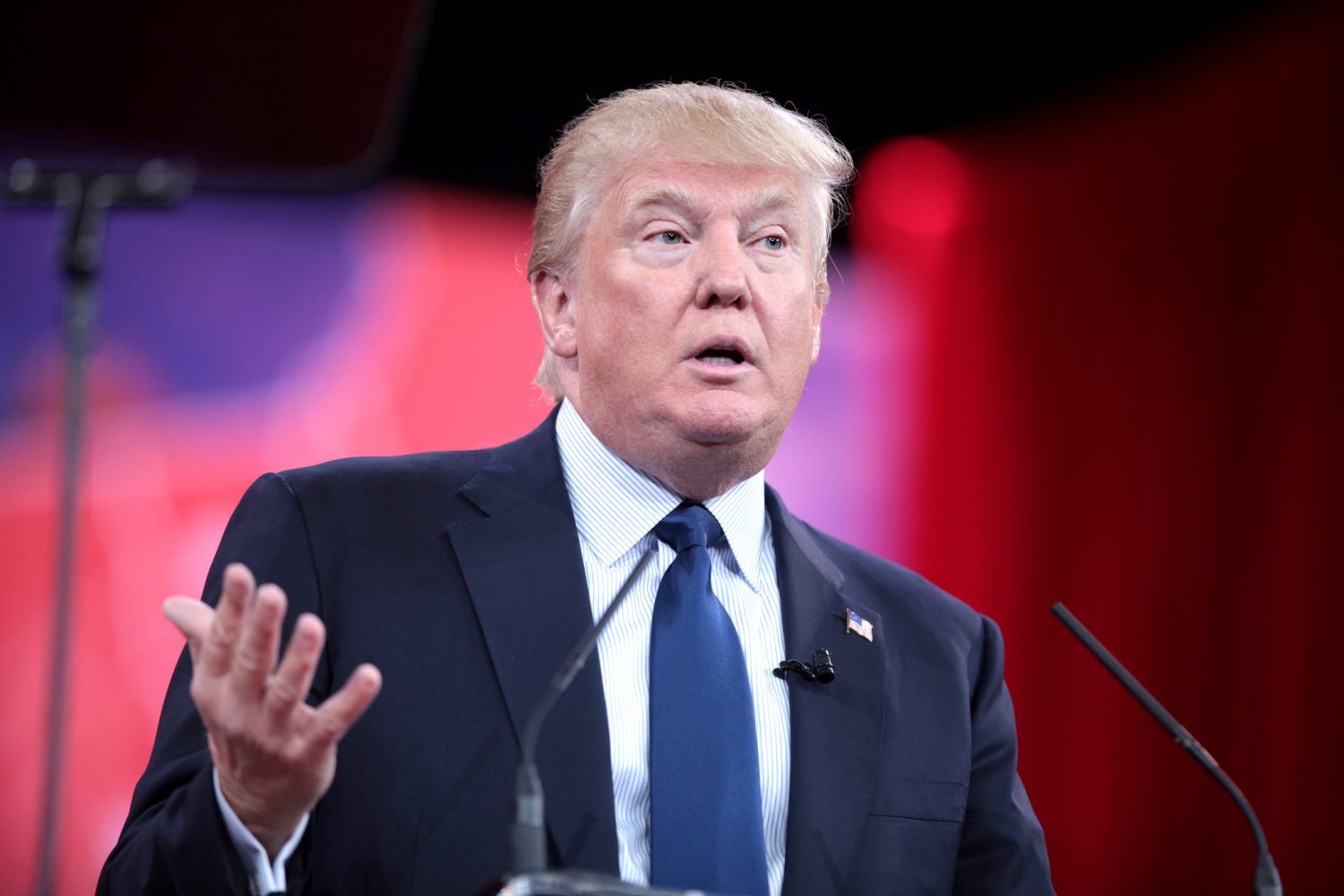 Donald Trump speaking at the 2015 Conservative Political Action Conference (CPAC) in National Harbor, Maryland.