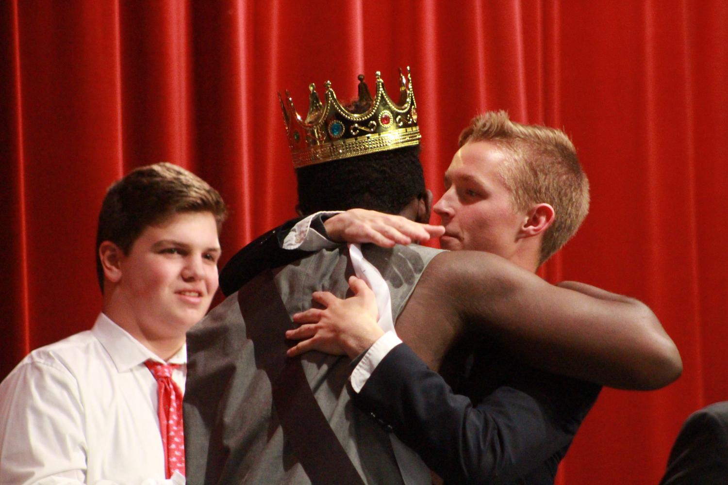 Senior Anthony Kristensen hugs senior Bryce Perry after Perry was awarded first place. Mr. FHN ended up raising over $4,500 all the proceeds went towards different charities in need. Not only did this event provide entertainment to students and family members of FHN, but also supported the surrounding community through donations. 