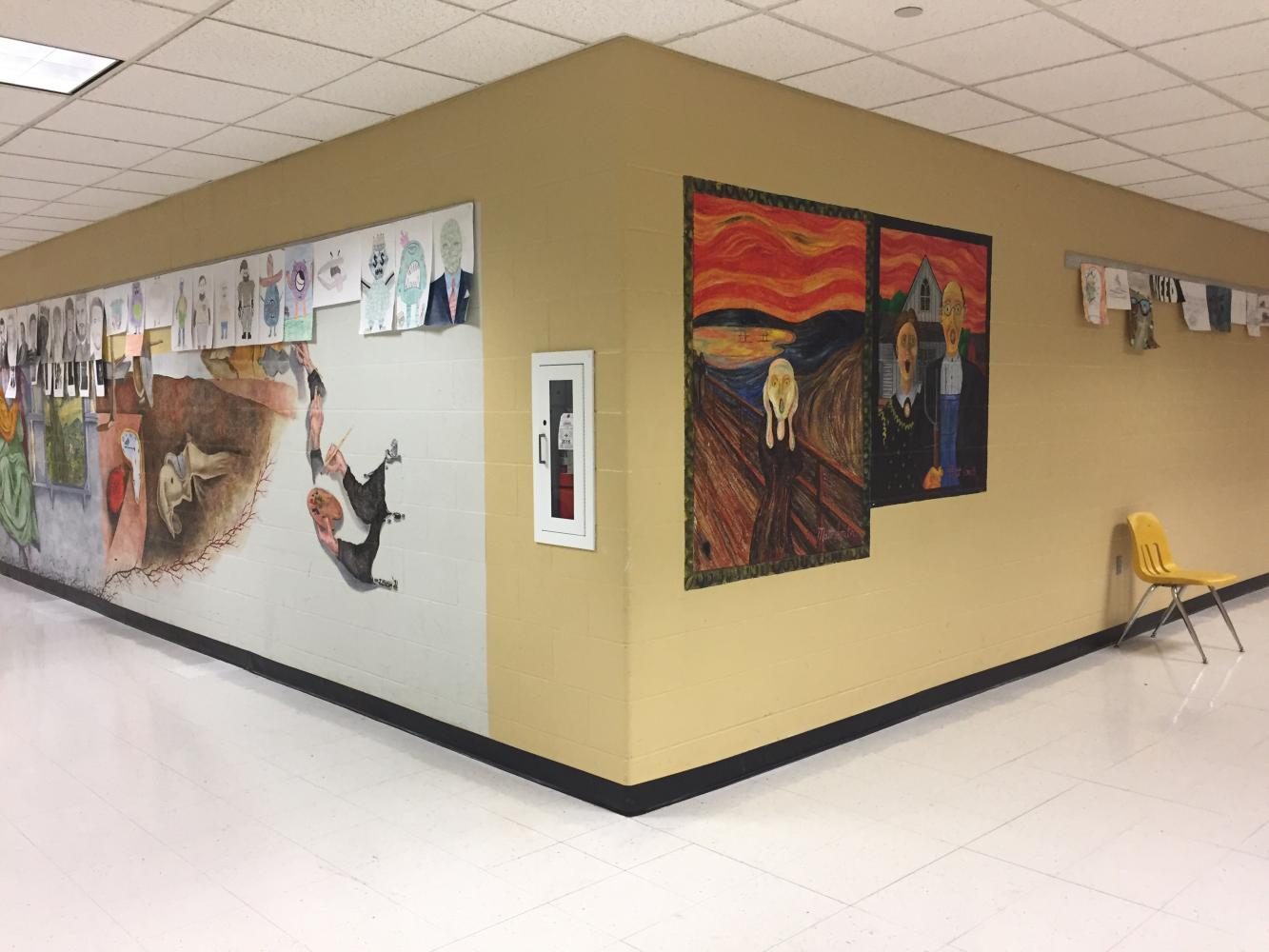 In the art hallway, murals have been added to be showcased along students artwork.