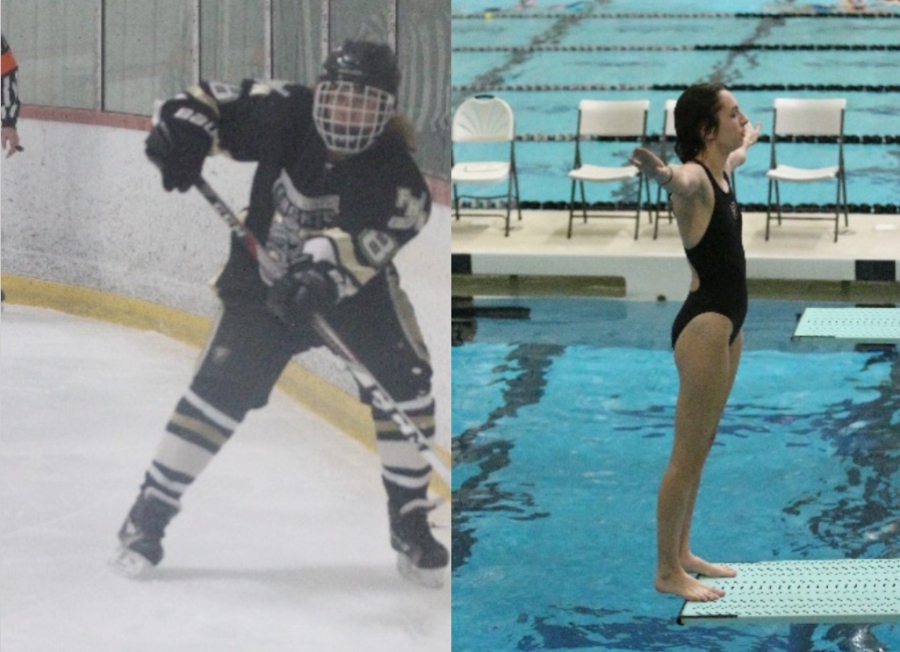 Senior Bryce Longmore takes possession of the puck against the boards in a varsity hockey game for Francis Howell North and junior Kamryn Bell stands on the diving board preparing for a dive in a girls varsity swim and dive meet. 