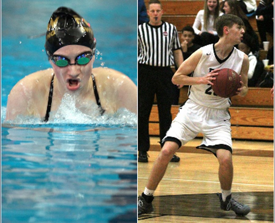 Senior+Erin+Stock+swims+in+a+meet+for+Francis+Howell+North+and+John+Garrelts+takes+possession+of+the+ball+in+a+basketball+game+for+Francis+Howell+North.