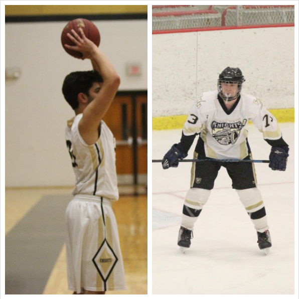 Senior Rizwan Hyder prepares to pass the ball in a varsity basketball game for FHN and Drake Johnston lines up for a face off for the varsity Knights hockey team. 