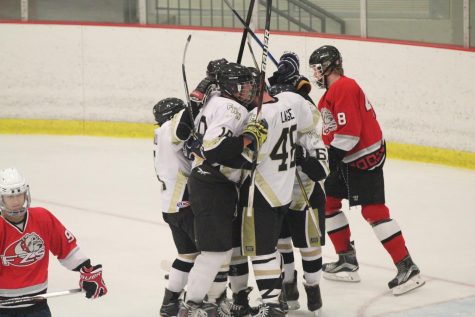 The varsity Knights hockey team celebrates a goal vs. Fort Zumwalt South