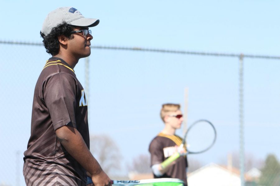Ronald Joel prepares for a serve along side partner Tyler Winner in a 4/10 match against Parkway South.