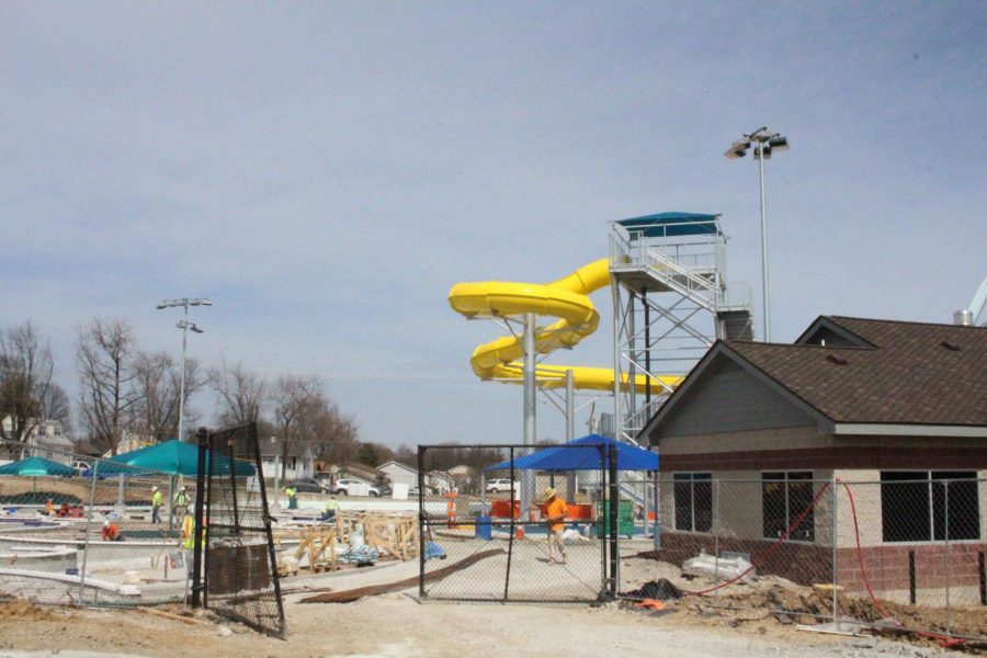 The newly constructed yellow slide stands in its new placement
in Wapelhorst water park. The park is keeping only two of its old attractions. 