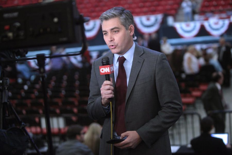 Jim Acosta speaking at a campaign rally for Donald Trump at the South Point Arena in Las Vegas, Nevada.