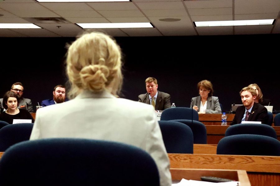 Junior Emily Hood receives a question from Committee Chairmen Rep. Dean Plocher. Hood testified on behalf of student journalist from around the state and country. Hood had worked on her testimony with Manfull to be ready and comfortable when she presented it in front of the committee.