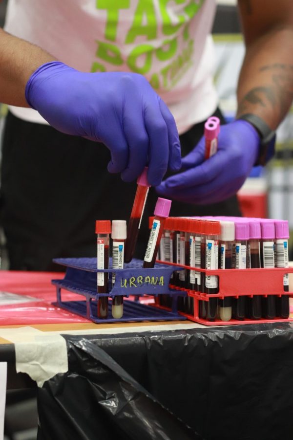 A nurse carefully organizes and places testing tubes on a small rack. These tubes are sent off and tested to see if you have any diseases that you may not know about such as HPV. It’s also how they find out your blood type so they can then send information back to the students after a few weeks. 