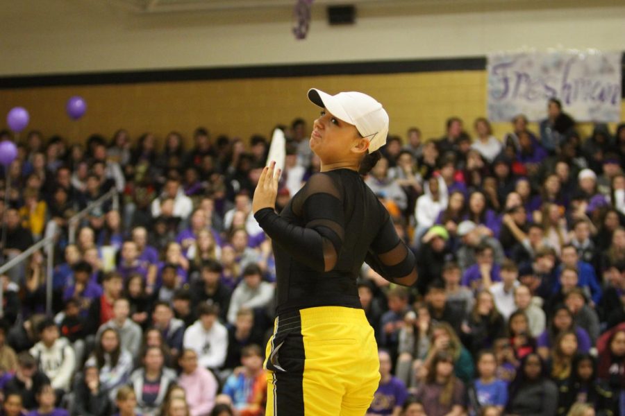 Freshman Abby Martinez performs with Knightline at the Feb. 8 Snowcoming Pep Assembly.