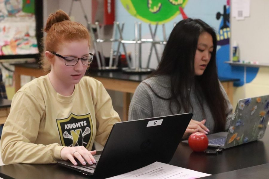 Senior Autumn Schrader talks to senior Selena Wang as they work together in their Biomed class. They both worked together to enter samples they previously took around the school. Schrader and Wang went to their first meeting about SLU on Nov. 27.