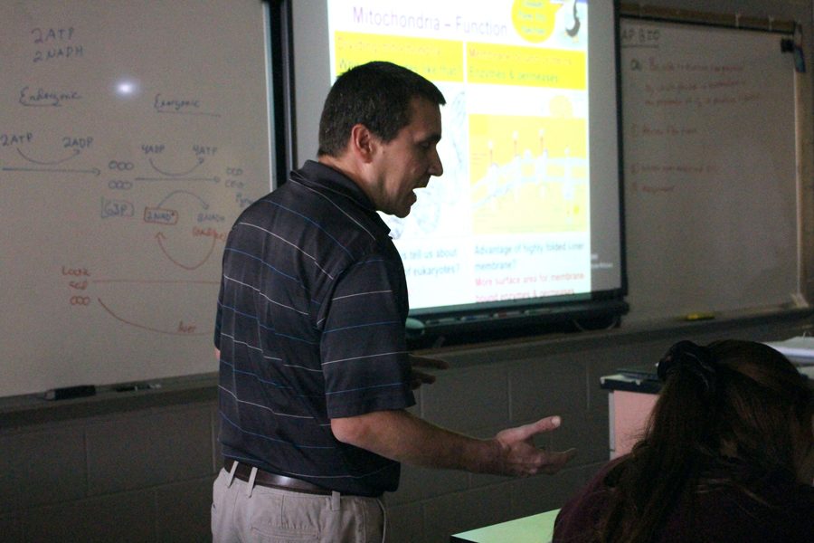 Christopher Dalton teaches a lesson to his seventh
hour AP Biology class. Many classes are starting to review for the upcoming AP tests next month. Students will be taking the AP test for biology on Monday, May 13.
