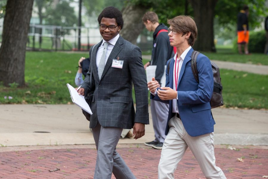 Senior Will Schellman walks with a fellow student to the second drafting legislation at Missouri Boys State. Missouri Boys State is sponsored by the American Legion. There is also a separate program for girls sponsored by the American Legion Auxillary. (Photo submitted)