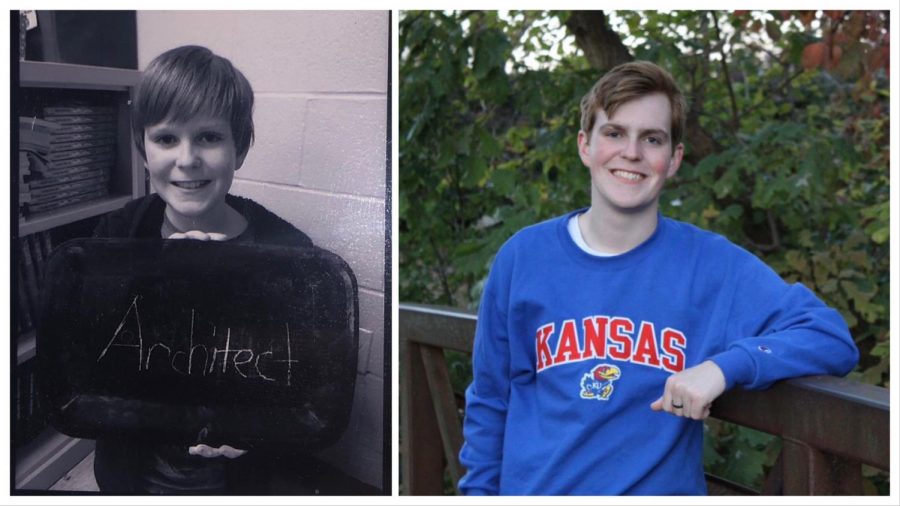 Gannon stands in elementary school, holding a board with the answer to the question What do you want to be when you grow up? Then a picture of Gannon now, heading to Kansas University for the architecture program.