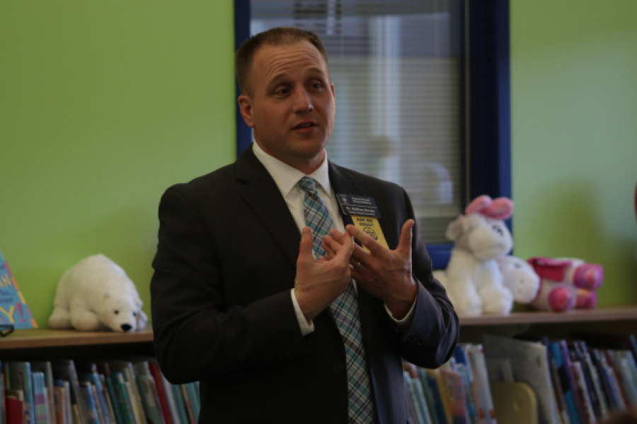 During a meeting with Becky-David staff, Deputy Superintendent Nathan Hoven covers concerns teachers have with Proposition S. (Photo by Addy Bradbury)