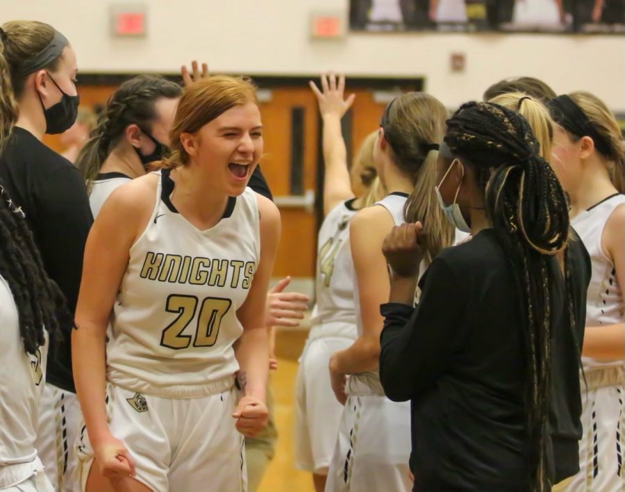 Senior Isabelle Delarue shouts for joy after winning a close game against St Charles West. She scored 21 points in the game, and said “coming out into this game, I knew I wanted to beat SCW, and my teammates stepped up and we all put in the work to do it.” Delarue has helped the team get to a 13-5 record, more than doubling their win total from last season.
