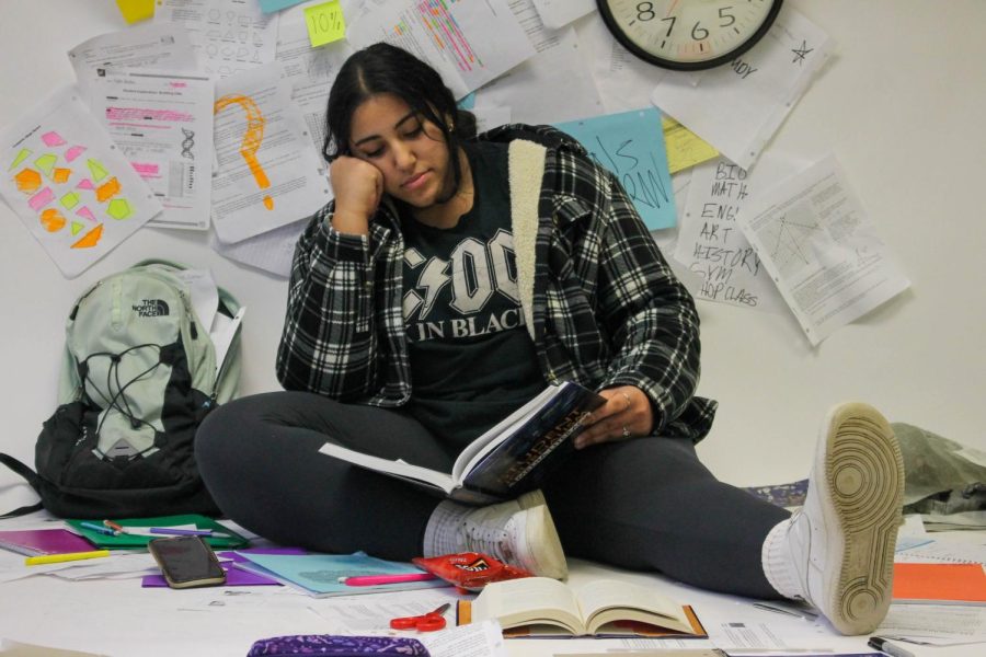 Surrounded by books and papers, sophomore Reem Mountassir studies for an upcoming final on Dec. 6. With finals being gone for the past two years, students are feeling anxious about winter finals. “I feel like since last year we didn’t do any, it’s a lot more stressful,” Mountassir said.
