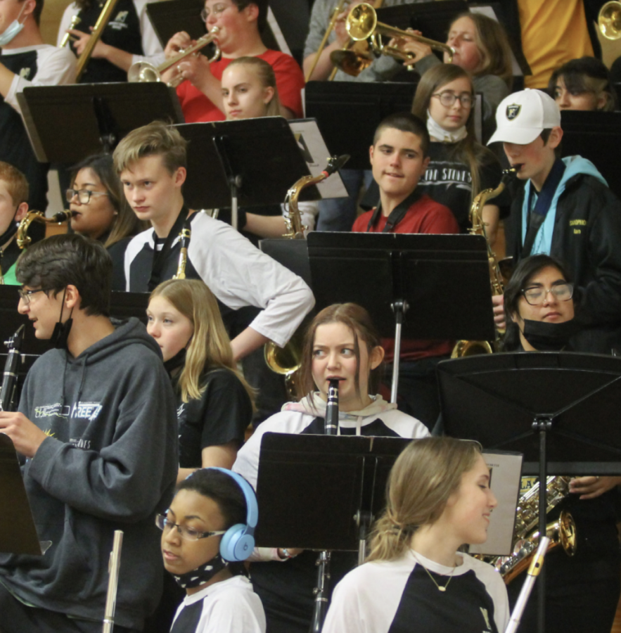 The FHN Basketball Band plays a song during a game. The game was on Dec. 7 and the varsity girls basketball team took on Francis Howell High.