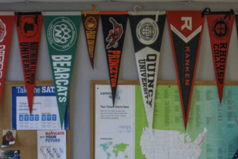 In FHN’s College and Career counselor,
Brooke Prestidge’s office, college pennants
hang all around the top portion of the room.
The pennants are from colleges that past
students have gone to and local colleges
in the FHN area. Prestidge helps students
decide what they want to do in their near
and far future.