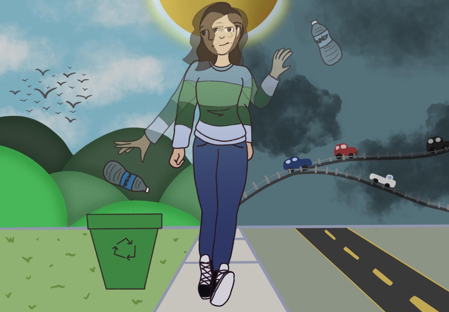 A girl is shown throwing a bottle away in both a clean and polluted environment