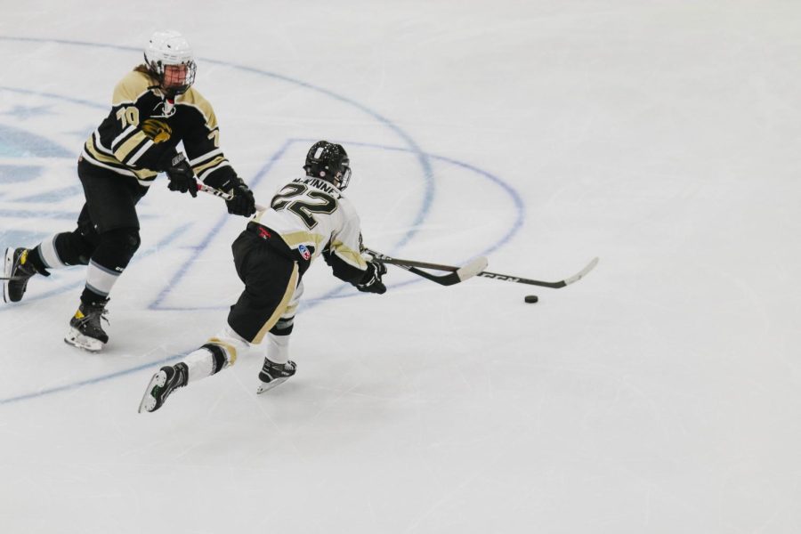 Francis Howell North Player junior Jeffery McKinney fights for the puck on Nov. 20
