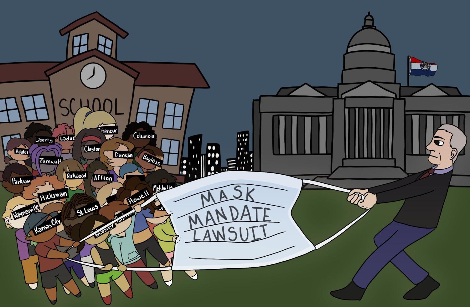 School districts around the state battle with the Missouri Attorney General over school mask mandates. Here, the schools and Attorney General are having a tug-of-war over a mask with a school and the Missouri Capitol building in the background.