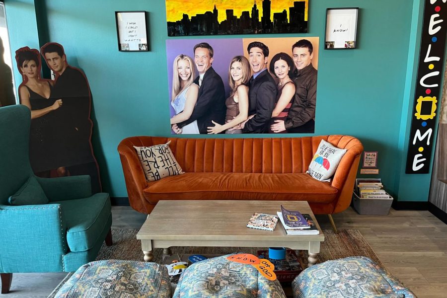 The famous orange couch displayed right when you walk in the coffee house where the first scence of “Friends” takes place.