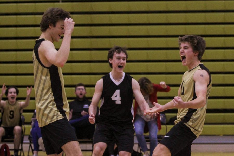  On March 31st, Seniors Zach Zimmerman, Koen Schaffer and Junior Braden Powelson rejoice after scoring a point at FZE. In the first set, the schools had a close score of 25-22, where in the other two sets, FHN kept the higher score. FHN was victorious with a score of 3-0.