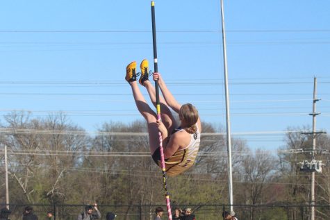 Junior Laramie Horstman pole jumps at the track meet at Parkway Central on April 7 , 2022.  Horstman has been part of track since her freshman year.  She plans to join track again for her senior year.
