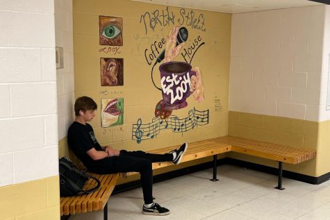 Senior Aidan Neu sits on a bench in front of artwork that was created for the North Street Coffee House.