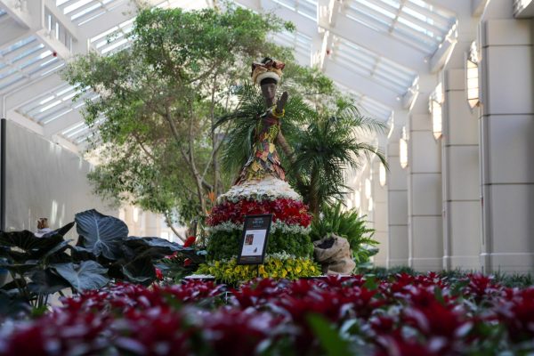 The Prudential Center displays Mrs. Jamaica during the Fleurs de Villes Voyage exhibit. This is taking place in Boston from Nov. 2-6th with independent florists from around the city coming together to make the 16 different exhibits.