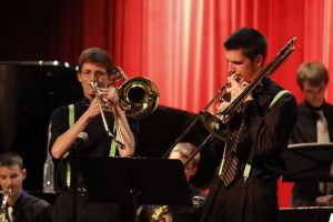 Nathan Compton and Michael Lindsey perform at a jazz band concert.