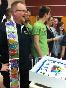 During the Winter Guard International trip to Bowling Green, Kentucky, Drumline members surprised their director Paul Ahlemeyer with a birthday cake to celebrate his birthday. 