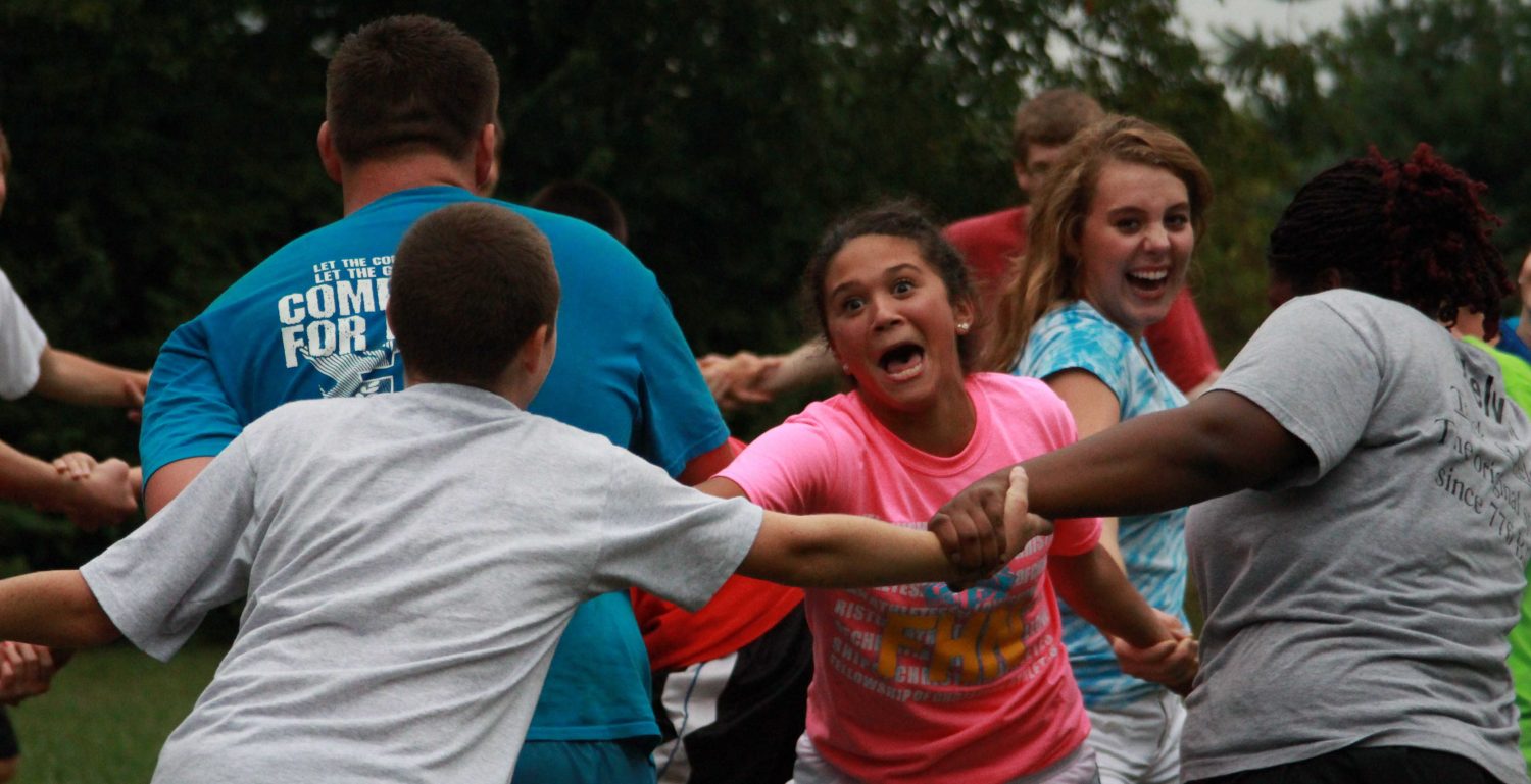 Senior Sarah Creeley participates in a group activity during the FCA Kickoff, which took place on Aug. 16, 2012.