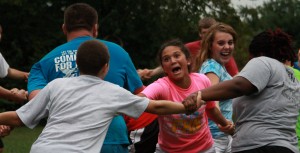 Senior Sarah Creeley participates in a group activity during the FCA Kickoff, which took place on Aug. 16, 2012.