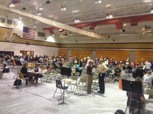 Teachers and parents gather in the gym on the first night of first quarter conferences. (photo submitted)