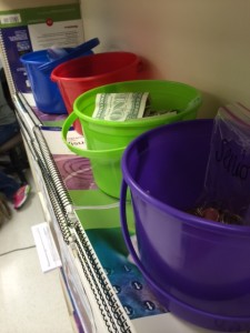 FBLA uses different colored buckets to collect the money for the fundraiser.