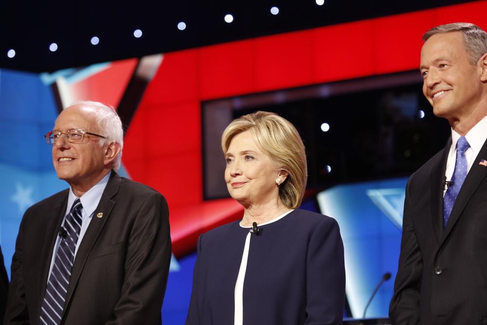 LAS VEGAS, NV - OCTOBER 13 2015: (L-R) Democratic presidential debate features candidates Sen. Bernie Sanders, Hillary Clinton at Wynn Las Vegas.