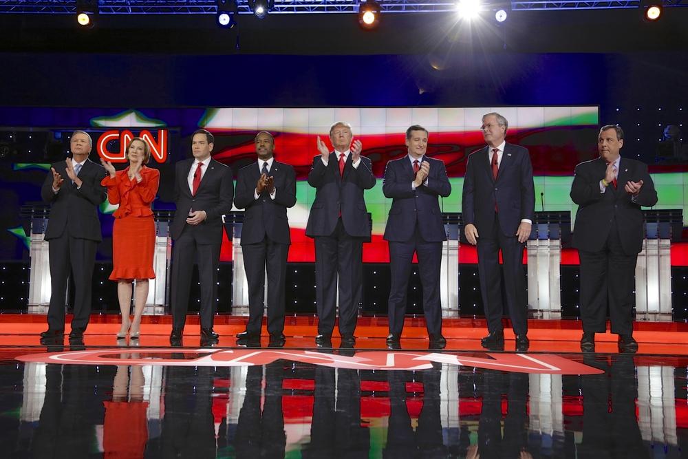 LAS VEGAS, NV - DECEMBER 15: Republican presidential candidates (L-R) John Kasich, Carly Fiorina, Sen. Marco Rubio, Ben Carson, Donald Trump, Sen. Ted Cruz, Jeb Bush, Chris Christie

Image ID:353116874
Copyright: Joseph Sohm
Editorial Credit: Joseph Sohm / Shutterstock.com