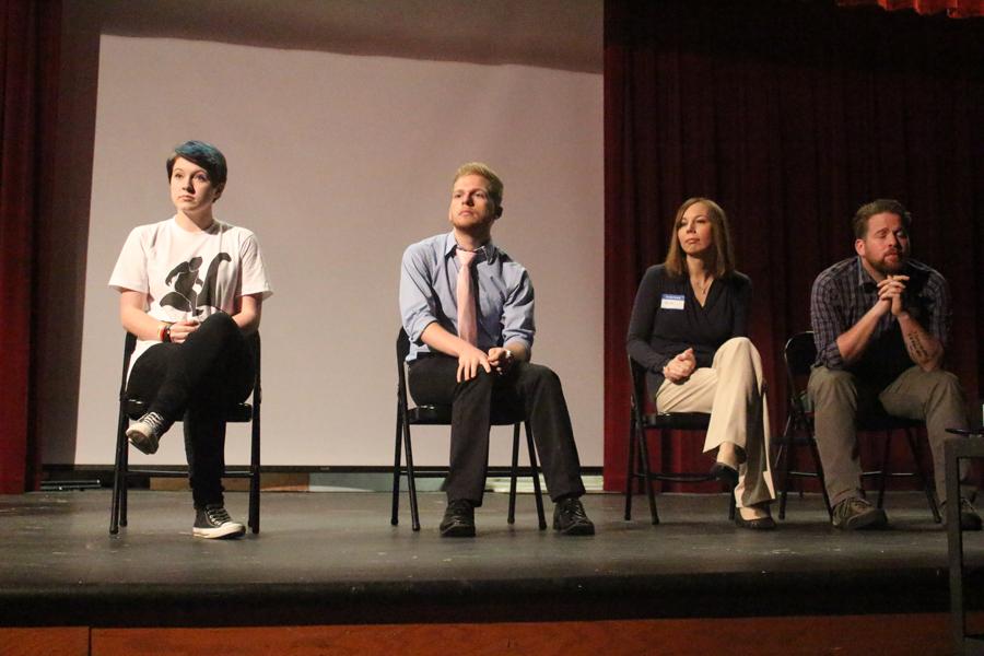 Speakers sit on stage in the auditorium while answering audience questions during fourth hour. Pictured from left to right: Bree Williams, Andrew Stoker, Sara Blandino, Morgan Keenan.