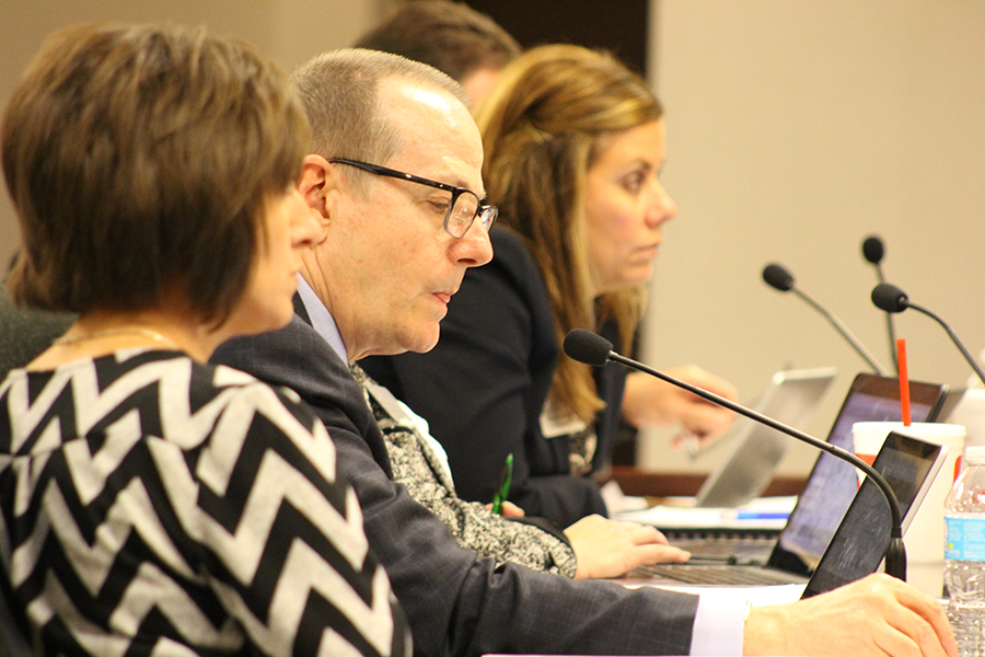 FHSD Chief Operating Officer Kevin Supple speaks to the Board of Education during a work session. He lays out the financial plans for the district moving forward, proposing different options the Board could decide to cut.