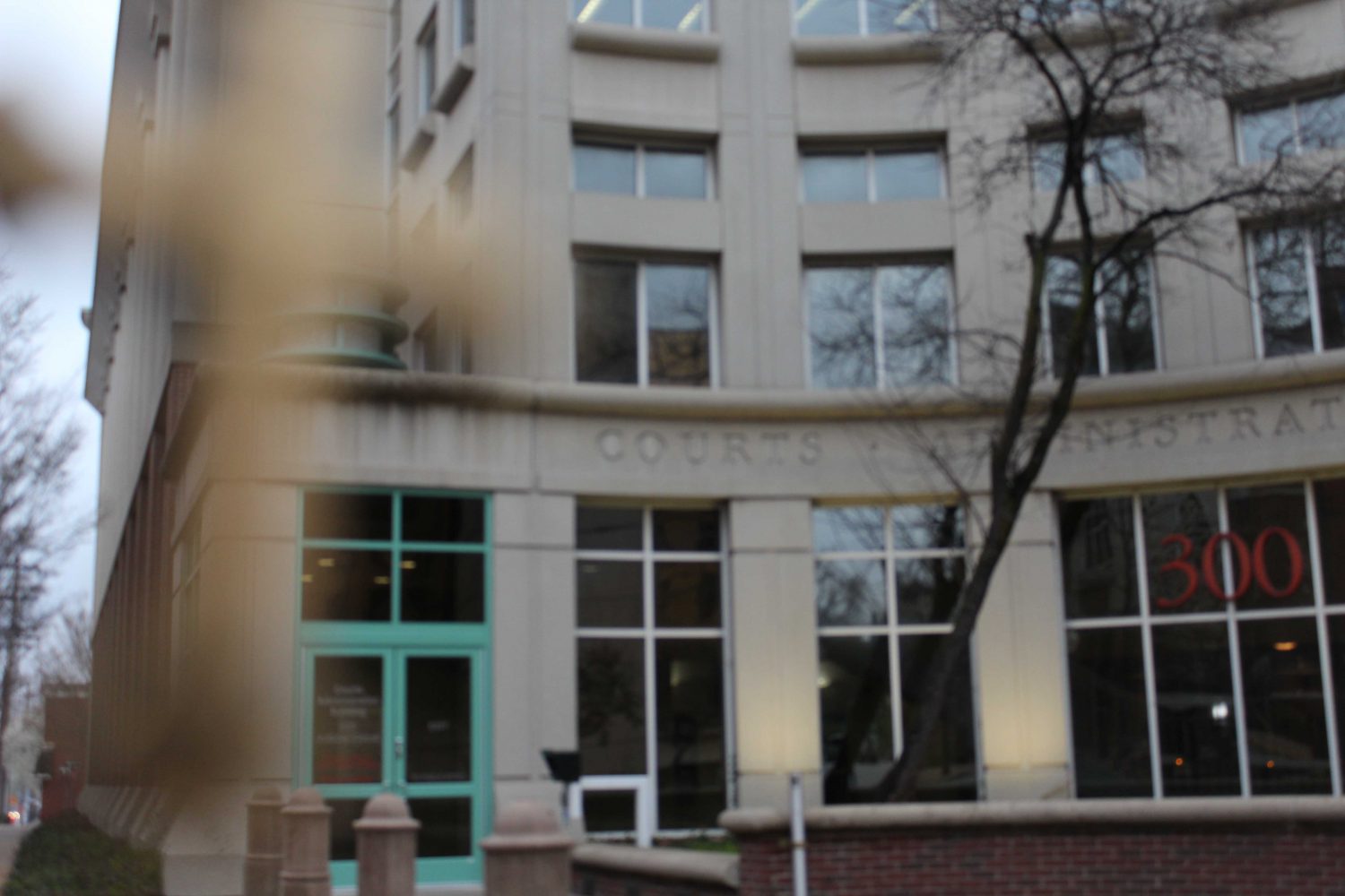 A blurred out cross can be seen in front of the St. Charles County Courthouse on Second Street in St. Charles, Missouri.