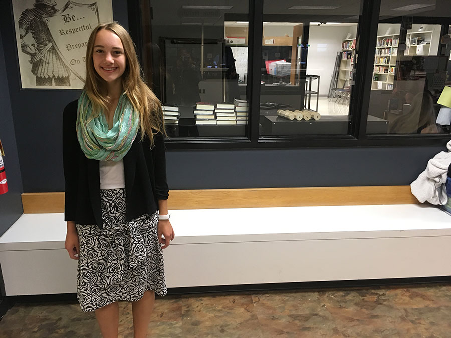 Freshman Chloé Horstman, poses in a skirt that she made herself.