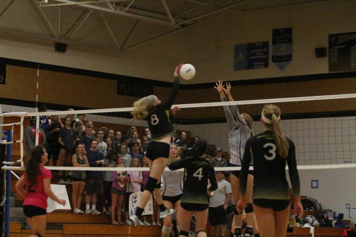 Sophomore Emily Hood spikes the ball over the net (Photo by Wil Skaggs)