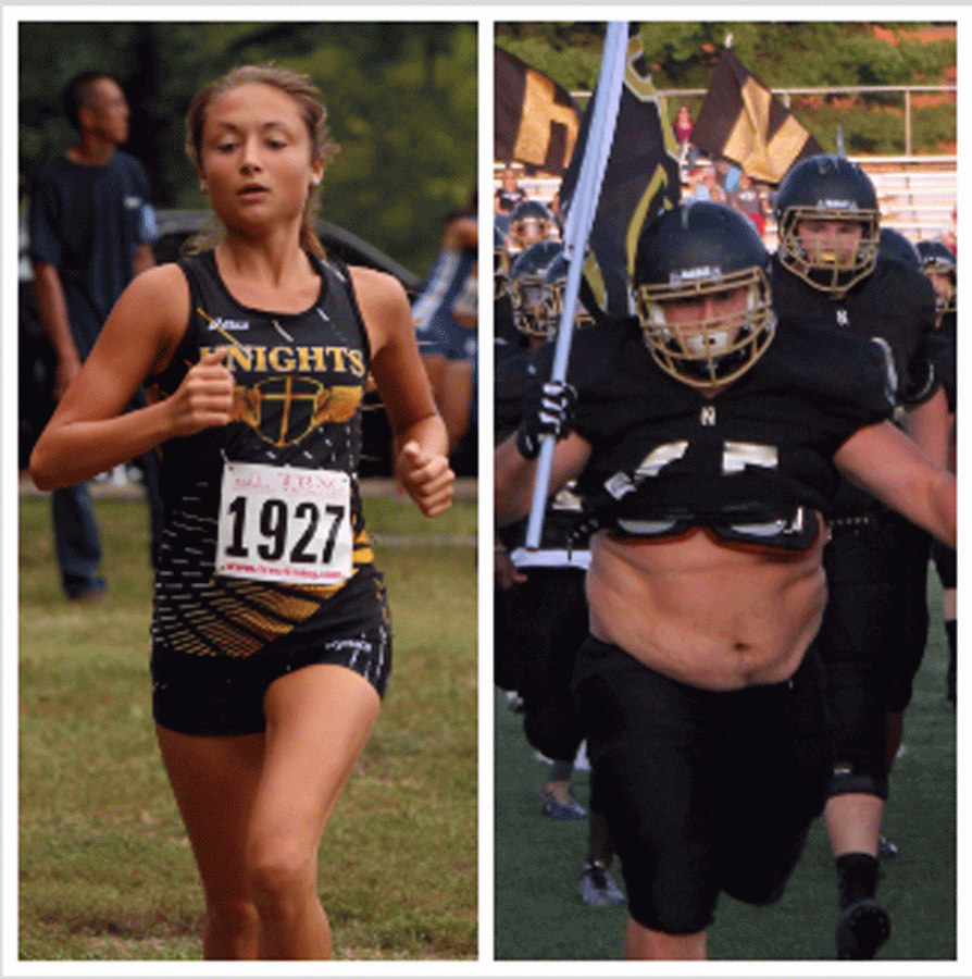 Senior Maggie Hillman runs in a cross country meet for Francis Howell North's varsity team and Senior Daniel Ostrovsky leads the varsity football team onto the field. 