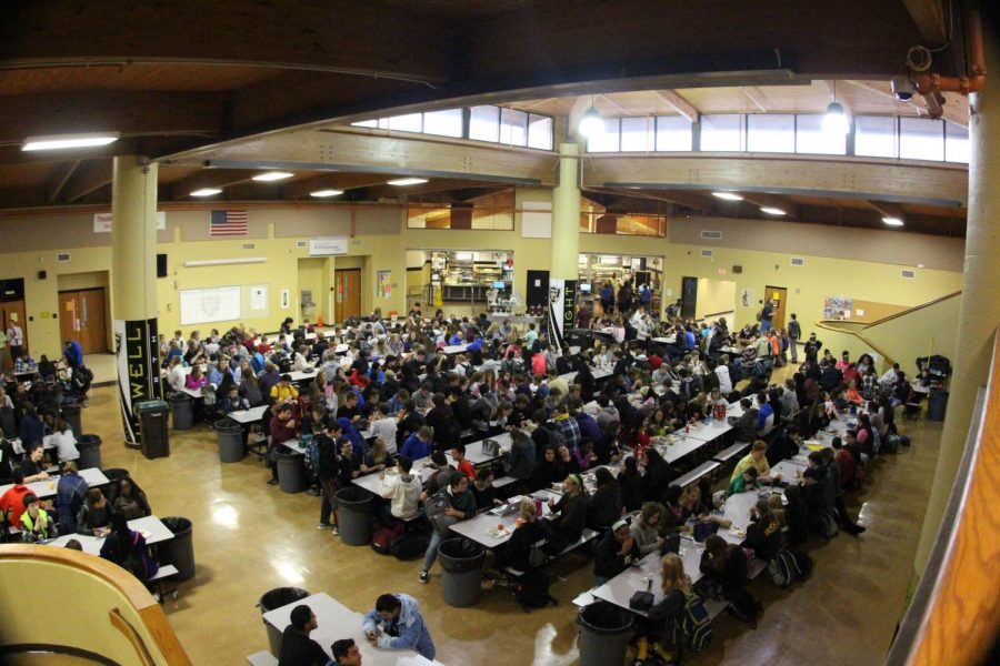 Students gather in the Commons during 4C lunch period. The Commons has been the location of several fights. The administration and school resource officers are present during lunch periods and before school to monitor student behavior. 