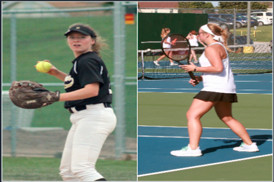 Senior Janae Watkins gets set to throw the ball in an FHN softball game. Senior Reilly Harris prepares for a tennis match for Howell North. 