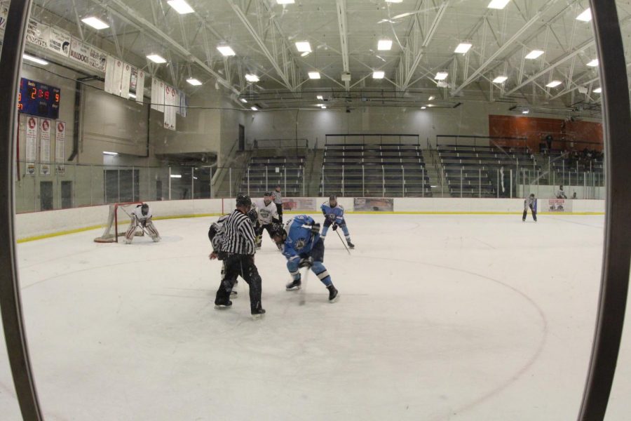 The Vikings and Knights varsity hockey teams line up for a face-off on Dec. 10 at the Rec Plex.